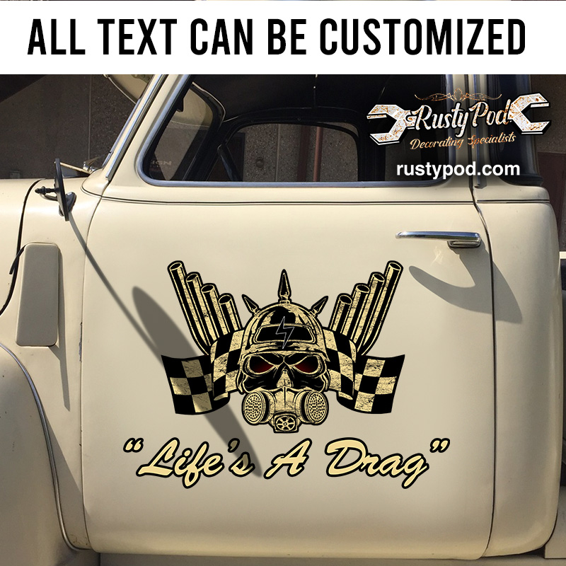personalized hot rod engine pumper and checker flag lettering vinyl sticker 10842